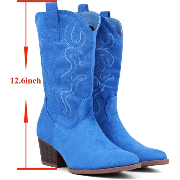 Women Light-blue Suede Mid Calf Chunky Block Heel Western Embroidered Boot - Picture 2 of 7